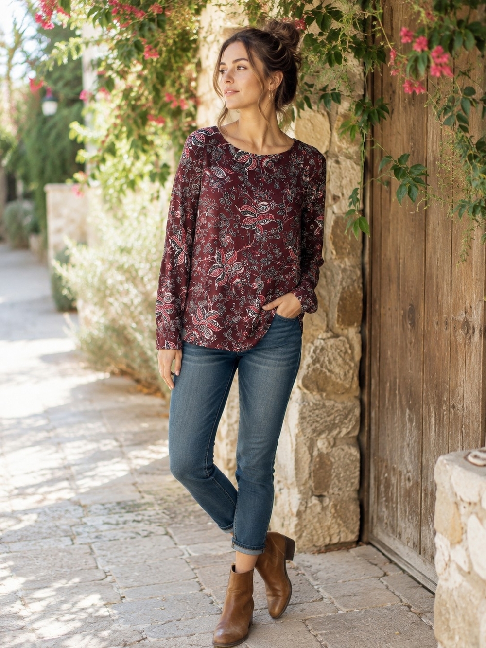 LOFT Burgundy Paisley Floral Long Sleeve Blouse Top Women’s M Boho Tunic